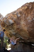 Sarah Williams rock climbing on No One Gets Out of Here Alive (V2) in Hueco Tanks State Park and Historic Site during the Hueco Tanks Awesome Fest 2010 trip, Sunday, May 23, 2010.

Filename: SRM_20100523_11045151.JPG
Aperture: f/5.6
Shutter Speed: 1/500
Body: Canon EOS-1D Mark II
Lens: Canon EF 16-35mm f/2.8 L