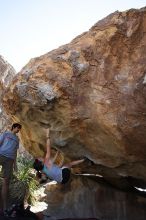 Sarah Williams rock climbing on No One Gets Out of Here Alive (V2) in Hueco Tanks State Park and Historic Site during the Hueco Tanks Awesome Fest 2010 trip, Sunday, May 23, 2010.

Filename: SRM_20100523_11045352.JPG
Aperture: f/5.6
Shutter Speed: 1/500
Body: Canon EOS-1D Mark II
Lens: Canon EF 16-35mm f/2.8 L