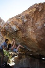 Sarah Williams rock climbing on No One Gets Out of Here Alive (V2) in Hueco Tanks State Park and Historic Site during the Hueco Tanks Awesome Fest 2010 trip, Sunday, May 23, 2010.

Filename: SRM_20100523_11050053.JPG
Aperture: f/5.6
Shutter Speed: 1/500
Body: Canon EOS-1D Mark II
Lens: Canon EF 16-35mm f/2.8 L