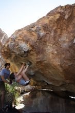 Sarah Williams rock climbing on No One Gets Out of Here Alive (V2) in Hueco Tanks State Park and Historic Site during the Hueco Tanks Awesome Fest 2010 trip, Sunday, May 23, 2010.

Filename: SRM_20100523_11050154.JPG
Aperture: f/5.6
Shutter Speed: 1/500
Body: Canon EOS-1D Mark II
Lens: Canon EF 16-35mm f/2.8 L