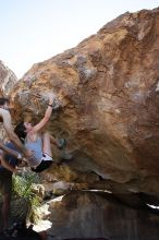 Sarah Williams rock climbing on No One Gets Out of Here Alive (V2) in Hueco Tanks State Park and Historic Site during the Hueco Tanks Awesome Fest 2010 trip, Sunday, May 23, 2010.

Filename: SRM_20100523_11051159.JPG
Aperture: f/5.6
Shutter Speed: 1/500
Body: Canon EOS-1D Mark II
Lens: Canon EF 16-35mm f/2.8 L