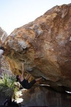 Beth Marek rock climbing on No One Gets Out of Here Alive (V2) in Hueco Tanks State Park and Historic Site during the Hueco Tanks Awesome Fest 2010 trip, Sunday, May 23, 2010.

Filename: SRM_20100523_11062273.JPG
Aperture: f/5.6
Shutter Speed: 1/500
Body: Canon EOS-1D Mark II
Lens: Canon EF 16-35mm f/2.8 L