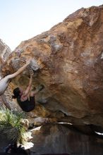 Beth Marek rock climbing on No One Gets Out of Here Alive (V2) in Hueco Tanks State Park and Historic Site during the Hueco Tanks Awesome Fest 2010 trip, Sunday, May 23, 2010.

Filename: SRM_20100523_11063780.JPG
Aperture: f/5.6
Shutter Speed: 1/500
Body: Canon EOS-1D Mark II
Lens: Canon EF 16-35mm f/2.8 L