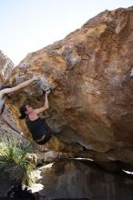 Beth Marek rock climbing on No One Gets Out of Here Alive (V2) in Hueco Tanks State Park and Historic Site during the Hueco Tanks Awesome Fest 2010 trip, Sunday, May 23, 2010.

Filename: SRM_20100523_11064282.JPG
Aperture: f/5.6
Shutter Speed: 1/500
Body: Canon EOS-1D Mark II
Lens: Canon EF 16-35mm f/2.8 L