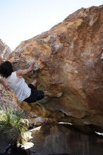 Javier Morales rock climbing on No One Gets Out of Here Alive (V2) in Hueco Tanks State Park and Historic Site during the Hueco Tanks Awesome Fest 2010 trip, Sunday, May 23, 2010.

Filename: SRM_20100523_11075694.JPG
Aperture: f/5.6
Shutter Speed: 1/500
Body: Canon EOS-1D Mark II
Lens: Canon EF 16-35mm f/2.8 L