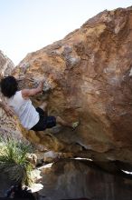 Javier Morales rock climbing on No One Gets Out of Here Alive (V2) in Hueco Tanks State Park and Historic Site during the Hueco Tanks Awesome Fest 2010 trip, Sunday, May 23, 2010.

Filename: SRM_20100523_11075695.JPG
Aperture: f/5.6
Shutter Speed: 1/500
Body: Canon EOS-1D Mark II
Lens: Canon EF 16-35mm f/2.8 L