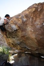 Javier Morales rock climbing on No One Gets Out of Here Alive (V2) in Hueco Tanks State Park and Historic Site during the Hueco Tanks Awesome Fest 2010 trip, Sunday, May 23, 2010.

Filename: SRM_20100523_11080601.JPG
Aperture: f/5.6
Shutter Speed: 1/500
Body: Canon EOS-1D Mark II
Lens: Canon EF 16-35mm f/2.8 L