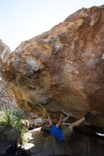 Steve Marek rock climbing on No One Gets Out of Here Alive (V2) in Hueco Tanks State Park and Historic Site during the Hueco Tanks Awesome Fest 2010 trip, Sunday, May 23, 2010.

Filename: SRM_20100523_11105614.JPG
Aperture: f/5.6
Shutter Speed: 1/500
Body: Canon EOS-1D Mark II
Lens: Canon EF 16-35mm f/2.8 L