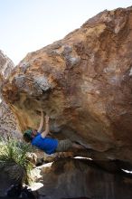 Steve Marek rock climbing on No One Gets Out of Here Alive (V2) in Hueco Tanks State Park and Historic Site during the Hueco Tanks Awesome Fest 2010 trip, Sunday, May 23, 2010.

Filename: SRM_20100523_11110818.JPG
Aperture: f/5.6
Shutter Speed: 1/500
Body: Canon EOS-1D Mark II
Lens: Canon EF 16-35mm f/2.8 L