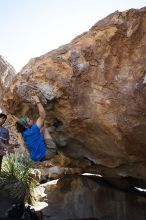 Steve Marek rock climbing on No One Gets Out of Here Alive (V2) in Hueco Tanks State Park and Historic Site during the Hueco Tanks Awesome Fest 2010 trip, Sunday, May 23, 2010.

Filename: SRM_20100523_11111720.JPG
Aperture: f/5.6
Shutter Speed: 1/500
Body: Canon EOS-1D Mark II
Lens: Canon EF 16-35mm f/2.8 L