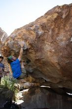 Steve Marek rock climbing on No One Gets Out of Here Alive (V2) in Hueco Tanks State Park and Historic Site during the Hueco Tanks Awesome Fest 2010 trip, Sunday, May 23, 2010.

Filename: SRM_20100523_11111721.JPG
Aperture: f/5.6
Shutter Speed: 1/500
Body: Canon EOS-1D Mark II
Lens: Canon EF 16-35mm f/2.8 L