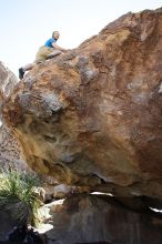 Steve Marek rock climbing on No One Gets Out of Here Alive (V2) in Hueco Tanks State Park and Historic Site during the Hueco Tanks Awesome Fest 2010 trip, Sunday, May 23, 2010.

Filename: SRM_20100523_11120539.JPG
Aperture: f/5.6
Shutter Speed: 1/500
Body: Canon EOS-1D Mark II
Lens: Canon EF 16-35mm f/2.8 L