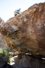 Steve Marek rock climbing on No One Gets Out of Here Alive (V2) in Hueco Tanks State Park and Historic Site during the Hueco Tanks Awesome Fest 2010 trip, Sunday, May 23, 2010.

Filename: SRM_20100523_11121141.JPG
Aperture: f/5.6
Shutter Speed: 1/500
Body: Canon EOS-1D Mark II
Lens: Canon EF 16-35mm f/2.8 L