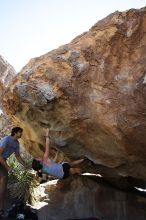 Sarah Williams rock climbing on No One Gets Out of Here Alive (V2) in Hueco Tanks State Park and Historic Site during the Hueco Tanks Awesome Fest 2010 trip, Sunday, May 23, 2010.

Filename: SRM_20100523_11171859.JPG
Aperture: f/5.6
Shutter Speed: 1/500
Body: Canon EOS-1D Mark II
Lens: Canon EF 16-35mm f/2.8 L