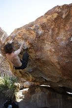 Andrew Dreher rock climbing on No One Gets Out of Here Alive (V2) in Hueco Tanks State Park and Historic Site during the Hueco Tanks Awesome Fest 2010 trip, Sunday, May 23, 2010.

Filename: SRM_20100523_11224588.JPG
Aperture: f/5.6
Shutter Speed: 1/500
Body: Canon EOS-1D Mark II
Lens: Canon EF 16-35mm f/2.8 L