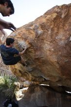 Raanan Robertson rock climbing on Pull the Pin in Hueco Tanks State Park and Historic Site during the Hueco Tanks Awesome Fest 2010 trip, Sunday, May 23, 2010.

Filename: SRM_20100523_11262524.JPG
Aperture: f/5.6
Shutter Speed: 1/500
Body: Canon EOS-1D Mark II
Lens: Canon EF 16-35mm f/2.8 L