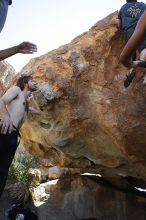 Raanan Robertson rock climbing on Pull the Pin in Hueco Tanks State Park and Historic Site during the Hueco Tanks Awesome Fest 2010 trip, Sunday, May 23, 2010.

Filename: SRM_20100523_11265532.JPG
Aperture: f/5.6
Shutter Speed: 1/500
Body: Canon EOS-1D Mark II
Lens: Canon EF 16-35mm f/2.8 L