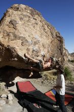 Raanan Robertson rock climbing barefoot on No One Gets Out of Here Alive (V2) in Hueco Tanks State Park and Historic Site during the Hueco Tanks Awesome Fest 2010 trip, Sunday, May 23, 2010.

Filename: SRM_20100523_18404380.JPG
Aperture: f/8.0
Shutter Speed: 1/1000
Body: Canon EOS-1D Mark II
Lens: Canon EF 16-35mm f/2.8 L