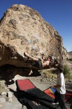 Raanan Robertson rock climbing barefoot on No One Gets Out of Here Alive (V2) in Hueco Tanks State Park and Historic Site during the Hueco Tanks Awesome Fest 2010 trip, Sunday, May 23, 2010.

Filename: SRM_20100523_18404481.JPG
Aperture: f/8.0
Shutter Speed: 1/1250
Body: Canon EOS-1D Mark II
Lens: Canon EF 16-35mm f/2.8 L