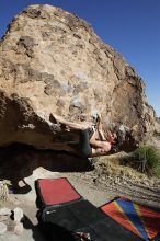 Raanan Robertson rock climbing barefoot on No One Gets Out of Here Alive (V2) in Hueco Tanks State Park and Historic Site during the Hueco Tanks Awesome Fest 2010 trip, Sunday, May 23, 2010.

Filename: SRM_20100523_18404783.JPG
Aperture: f/8.0
Shutter Speed: 1/1250
Body: Canon EOS-1D Mark II
Lens: Canon EF 16-35mm f/2.8 L