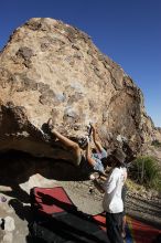 Cayce Wilson rock climbing on No One Gets Out of Here Alive (V2) in Hueco Tanks State Park and Historic Site during the Hueco Tanks Awesome Fest 2010 trip, Sunday, May 23, 2010.

Filename: SRM_20100523_18452395.JPG
Aperture: f/8.0
Shutter Speed: 1/1250
Body: Canon EOS-1D Mark II
Lens: Canon EF 16-35mm f/2.8 L