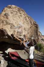 Cayce Wilson rock climbing on No One Gets Out of Here Alive (V2) in Hueco Tanks State Park and Historic Site during the Hueco Tanks Awesome Fest 2010 trip, Sunday, May 23, 2010.

Filename: SRM_20100523_18452396.JPG
Aperture: f/8.0
Shutter Speed: 1/1250
Body: Canon EOS-1D Mark II
Lens: Canon EF 16-35mm f/2.8 L