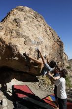 Cayce Wilson rock climbing on No One Gets Out of Here Alive (V2) in Hueco Tanks State Park and Historic Site during the Hueco Tanks Awesome Fest 2010 trip, Sunday, May 23, 2010.

Filename: SRM_20100523_18452799.JPG
Aperture: f/8.0
Shutter Speed: 1/1000
Body: Canon EOS-1D Mark II
Lens: Canon EF 16-35mm f/2.8 L