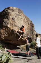 Sarah Williams rock climbing on No One Gets Out of Here Alive (V2) in Hueco Tanks State Park and Historic Site during the Hueco Tanks Awesome Fest 2010 trip, Sunday, May 23, 2010.

Filename: SRM_20100523_18465706.JPG
Aperture: f/8.0
Shutter Speed: 1/1250
Body: Canon EOS-1D Mark II
Lens: Canon EF 16-35mm f/2.8 L