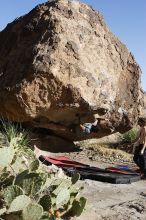 Cayce Wilson rock climbing on No One Gets Out of Here Alive (V2) in Hueco Tanks State Park and Historic Site during the Hueco Tanks Awesome Fest 2010 trip, Sunday, May 23, 2010.

Filename: SRM_20100523_18552633.JPG
Aperture: f/8.0
Shutter Speed: 1/800
Body: Canon EOS-1D Mark II
Lens: Canon EF 16-35mm f/2.8 L