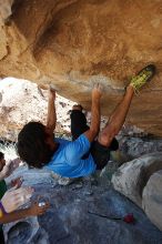 Javier Morales rock climbing on Mexican Chicken (V6) in Hueco Tanks State Park and Historic Site during the Hueco Tanks Awesome Fest 2010 trip, Monday, May 24, 2010.

Filename: SRM_20100524_11550394.JPG
Aperture: f/4.0
Shutter Speed: 1/800
Body: Canon EOS-1D Mark II
Lens: Canon EF 16-35mm f/2.8 L