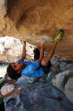 Javier Morales rock climbing on Mexican Chicken (V6) in Hueco Tanks State Park and Historic Site during the Hueco Tanks Awesome Fest 2010 trip, Monday, May 24, 2010.

Filename: SRM_20100524_11550595.JPG
Aperture: f/4.0
Shutter Speed: 1/800
Body: Canon EOS-1D Mark II
Lens: Canon EF 16-35mm f/2.8 L