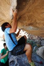 Javier Morales rock climbing on Mexican Chicken (V6) in Hueco Tanks State Park and Historic Site during the Hueco Tanks Awesome Fest 2010 trip, Monday, May 24, 2010.

Filename: SRM_20100524_11550696.JPG
Aperture: f/4.0
Shutter Speed: 1/640
Body: Canon EOS-1D Mark II
Lens: Canon EF 16-35mm f/2.8 L