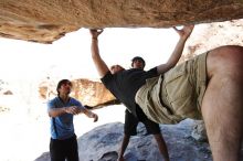 Steve Marek rock climbing on Mexican Chicken (V6) in Hueco Tanks State Park and Historic Site during the Hueco Tanks Awesome Fest 2010 trip, Monday, May 24, 2010.

Filename: SRM_20100524_12051001.JPG
Aperture: f/4.0
Shutter Speed: 1/2500
Body: Canon EOS-1D Mark II
Lens: Canon EF 16-35mm f/2.8 L