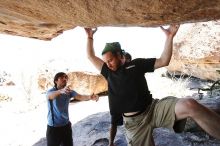 Steve Marek rock climbing on Mexican Chicken (V6) in Hueco Tanks State Park and Historic Site during the Hueco Tanks Awesome Fest 2010 trip, Monday, May 24, 2010.

Filename: SRM_20100524_12051503.JPG
Aperture: f/4.0
Shutter Speed: 1/2000
Body: Canon EOS-1D Mark II
Lens: Canon EF 16-35mm f/2.8 L