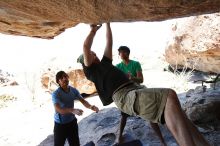 Steve Marek rock climbing on Mexican Chicken (V6) in Hueco Tanks State Park and Historic Site during the Hueco Tanks Awesome Fest 2010 trip, Monday, May 24, 2010.

Filename: SRM_20100524_12062506.JPG
Aperture: f/4.0
Shutter Speed: 1/3200
Body: Canon EOS-1D Mark II
Lens: Canon EF 16-35mm f/2.8 L