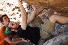 Steve Marek rock climbing on Mexican Chicken (V6) in Hueco Tanks State Park and Historic Site during the Hueco Tanks Awesome Fest 2010 trip, Monday, May 24, 2010.

Filename: SRM_20100524_12130510.JPG
Aperture: f/4.0
Shutter Speed: 1/640
Body: Canon EOS-1D Mark II
Lens: Canon EF 16-35mm f/2.8 L