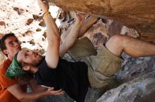 Steve Marek rock climbing on Mexican Chicken (V6) in Hueco Tanks State Park and Historic Site during the Hueco Tanks Awesome Fest 2010 trip, Monday, May 24, 2010.

Filename: SRM_20100524_12130511.JPG
Aperture: f/4.0
Shutter Speed: 1/800
Body: Canon EOS-1D Mark II
Lens: Canon EF 16-35mm f/2.8 L