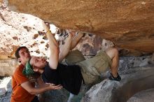 Steve Marek rock climbing on Mexican Chicken (V6) in Hueco Tanks State Park and Historic Site during the Hueco Tanks Awesome Fest 2010 trip, Monday, May 24, 2010.

Filename: SRM_20100524_12131013.JPG
Aperture: f/4.0
Shutter Speed: 1/800
Body: Canon EOS-1D Mark II
Lens: Canon EF 16-35mm f/2.8 L