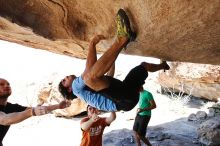 Javier Morales rock climbing on Mexican Chicken (V6) in Hueco Tanks State Park and Historic Site during the Hueco Tanks Awesome Fest 2010 trip, Monday, May 24, 2010.

Filename: SRM_20100524_12145116.JPG
Aperture: f/4.0
Shutter Speed: 1/2500
Body: Canon EOS-1D Mark II
Lens: Canon EF 16-35mm f/2.8 L