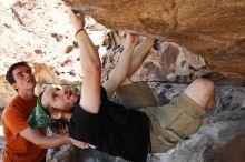 Steve Marek rock climbing on Mexican Chicken (V6) in Hueco Tanks State Park and Historic Site during the Hueco Tanks Awesome Fest 2010 trip, Monday, May 24, 2010.

Filename: SRM_20100524_12165619.JPG
Aperture: f/4.0
Shutter Speed: 1/640
Body: Canon EOS-1D Mark II
Lens: Canon EF 16-35mm f/2.8 L