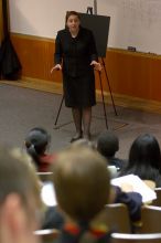 Jill Collum practicing her informative speech on massive hurricane prevention, using a tropical-storm generator.  The University of Texas' Speech Team will compete in the American Forensic Associationâs National Individual Events Tournament (AFA NIET) in Gainesville, Florida, March 30 through April 4.

Filename: SRM_20060325_130038_7.jpg
Aperture: f/3.2
Shutter Speed: 1/100
Body: Canon EOS 20D
Lens: Canon EF 80-200mm f/2.8 L