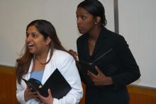 Nicole Martin and Shivali Goudar practice their Duo Interpretation of Aristophanes' "Lysistrata;" "No peace, no sex."  The University of Texas' Speech Team will compete in the American Forensic Associations National Individual Events Tournament (AFA NIET)

Filename: SRM_20060325_134906_2.jpg
Aperture: f/3.5
Shutter Speed: 1/160
Body: Canon EOS 20D
Lens: Canon EF 80-200mm f/2.8 L