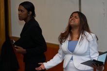 Nicole Martin and Shivali Goudar practice their Duo Interpretation of Aristophanes' "Lysistrata;" "No peace, no sex."  The University of Texas' Speech Team will compete in the American Forensic Associations National Individual Events Tournament (AFA NIET)

Filename: SRM_20060325_135500_4.jpg
Aperture: f/3.5
Shutter Speed: 1/160
Body: Canon EOS 20D
Lens: Canon EF 80-200mm f/2.8 L