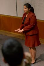 Sally Rivero practicing her informative speech on transcranial magnetic stimulation.  The University of Texas' Speech Team will compete in the American Forensic Associationâs National Individual Events Tournament (AFA NIET) in Gainesville, Florida, March 30 through April 4.

Filename: SRM_20060325_124216_7.jpg
Aperture: f/3.2
Shutter Speed: 1/100
Body: Canon EOS 20D
Lens: Canon EF 80-200mm f/2.8 L