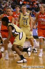 The Georgia Tech women's basketball team played Clemson.

Filename: img_0715_std.jpg
Aperture: f/2.8
Shutter Speed: 1/320
Body: Canon EOS DIGITAL REBEL
Lens: Canon EF 80-200mm f/2.8 L