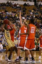 The Georgia Tech women's basketball team played Clemson.

Filename: img_0575_std.jpg
Aperture: f/2.8
Shutter Speed: 1/320
Body: Canon EOS DIGITAL REBEL
Lens: Canon EF 80-200mm f/2.8 L