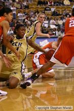 The Georgia Tech women's basketball team played Clemson.

Filename: img_0627_std.jpg
Aperture: f/2.8
Shutter Speed: 1/320
Body: Canon EOS DIGITAL REBEL
Lens: Canon EF 80-200mm f/2.8 L