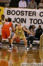 The Georgia Tech women's basketball team played Clemson.

Filename: img_0622_std.jpg
Aperture: f/2.8
Shutter Speed: 1/320
Body: Canon EOS DIGITAL REBEL
Lens: Canon EF 80-200mm f/2.8 L