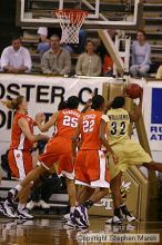 The Georgia Tech women's basketball team played Clemson.

Filename: img_0565_std.jpg
Aperture: f/2.8
Shutter Speed: 1/320
Body: Canon EOS DIGITAL REBEL
Lens: Canon EF 80-200mm f/2.8 L