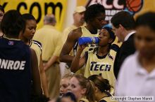 The Georgia Tech women's basketball team played Clemson.

Filename: img_0548_std.jpg
Aperture: f/2.8
Shutter Speed: 1/320
Body: Canon EOS DIGITAL REBEL
Lens: Canon EF 80-200mm f/2.8 L